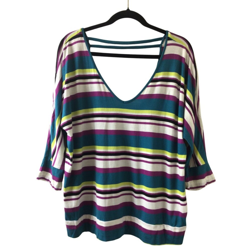 Torrid Top Women’s 1X Multicolor Striped V Neck 3/4 Sleeve T Shirt Tee 1 X 14 16